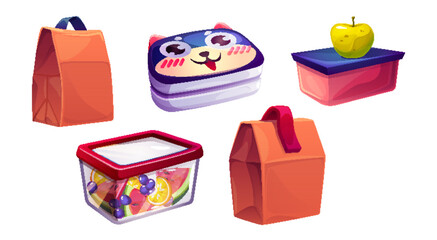 School lunchbox with kid food and bag for snack. Healthy lunch meal for children in plastic container with fruit. Isolated breakfast pack to eat. Picnic bento clipart set. Fresh salad package element - obrazy, fototapety, plakaty