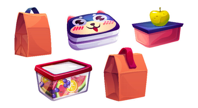 School lunchbox with kid food and bag for snack. Healthy lunch meal for children in plastic container with fruit. Isolated breakfast pack to eat. Picnic bento clipart set. Fresh salad package element