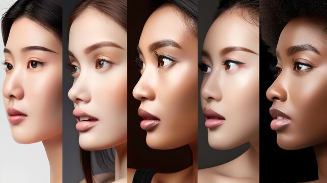 Diverse Women's Portraits Showcasing Beauty Across Ethnicities. Five Female Profiles with a Smooth Gradient Transition Expressing Unity. Perfect for Inclusive Campaigns. AI