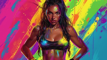 Obraz na płótnie Canvas Vibrant Neon-Colored Muscular Female Graphic Novel Character Generative AI