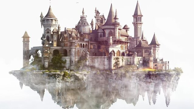 a magical floating castle isolated on white background. 3d render. seamless looping overlay 4k virtual video animation background