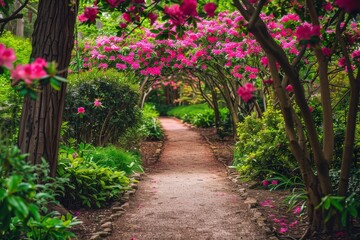 Pathway Through Lush Green Forest With Pink Flowers