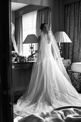 a bride on her wedding day putting on her dress - black and white wedding photography
