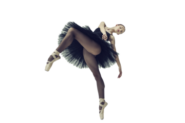 ballerina in a black tutu shows elements of ballet dance in motion, isolated on transparent background, png