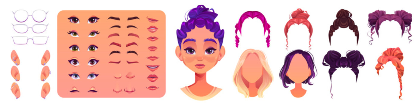 Teen girl face construction set isolated on white background. Vector cartoon illustration of female character avatar design elements, color hairstyles, ears, eyes, eyebrows, mouth, nose, eyeglasses