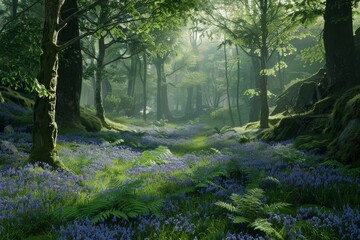 Lush Green Forest With Blue Flowers