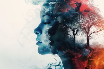 Profile of a woman with double exposure of autumn trees and sky.
