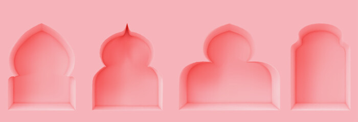 3d pink islamic window arch shape for Ramadan. Islam frame render on wall architecture. Minimal arabic interior with simple decorative border design. Empty classic Ramadhan studio or palace template