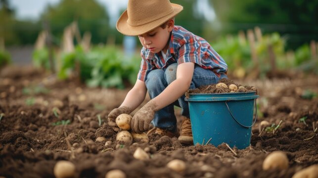 Young boy harvesting potatoes in a farm field. Child in hat and gloves doing agricultural work