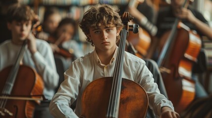 a young man in a white shirt playing the cello in a music classroom