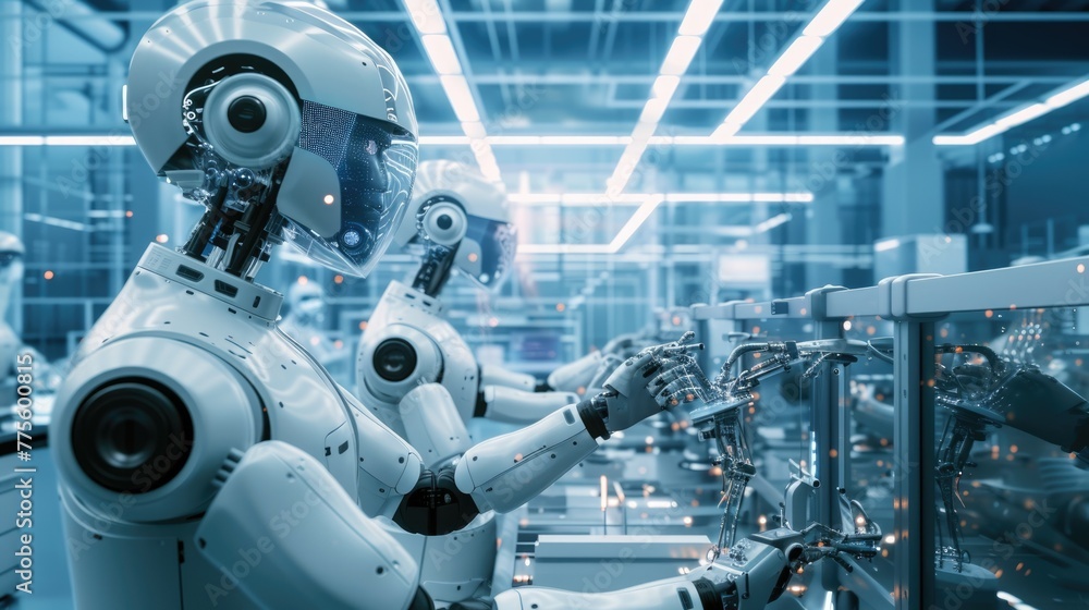 Aufkleber a high-tech robotics lab, engineers working on advanced ai machines, showcasing innovation and futur