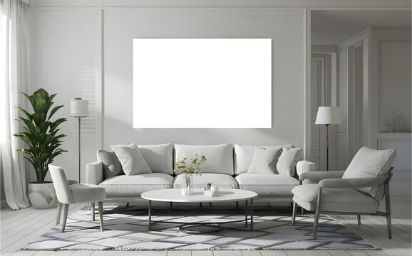 Modern living room frame mockup with elegant design and sofa, 4K 3D rendered