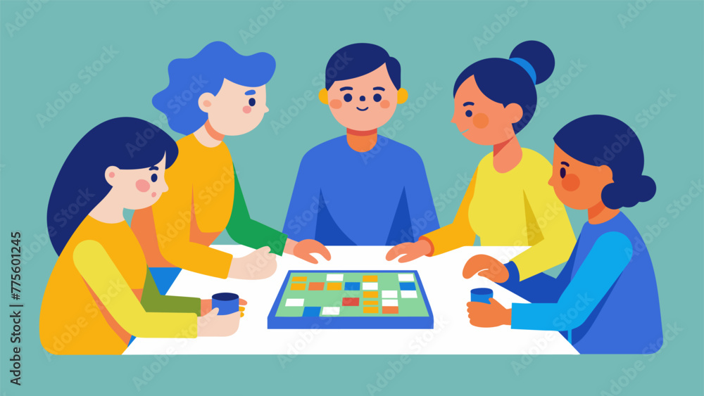 Poster a family playing a board game together with the the facilitating discussions on problemsolving and c