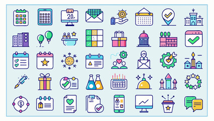Set Of Colorful Event Planning Icons, Vibrant Event Planning Icons