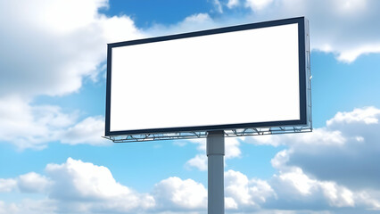 Blank horizontal large billboard standing at white cloud blue sky background, for outdoors advertising