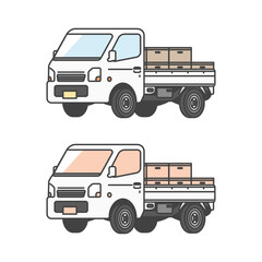 物流シリーズ：農業・漁業等で箱入りの商品を配達する日本の軽トラ、軽トラックのイラスト(カラー&単色モノカラーのセット)