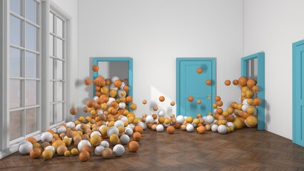 Colorful balloons flying in the room. 3D illustration, 3D rendering	
