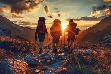 Hikers with backpacks hiking in mountains at sunset. Sport and active life concept - obrazy, fototapety, plakaty