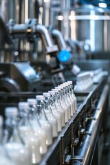 Inside the modern marvel of a milk factory where robotic factory lines revolutionize the processing and bottling of milk, showcasing technological precision and hygiene