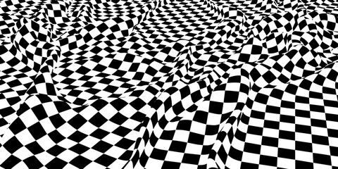 Abstract vector background chaotic wavy surface with curve pattern black squares. Black checkers on white.