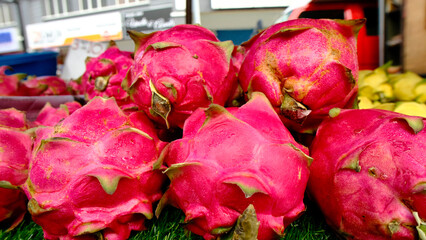 A bunch of red dragon fruit are piled on top of each other