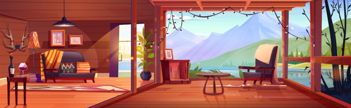 Living room interior and cabin terrace with mountain view. Hotel wood hut for summer holiday vacation. Wooden chalet with patio and lake nature landscape illustration. Villa design with wine and couch