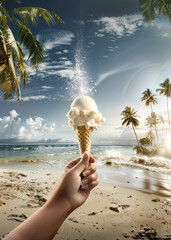 Hand-Holding Melting Ice Cream Cone on a Sunny Beach - 775602092