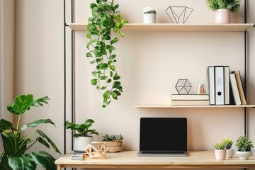 Minimalist workspace with a geometric bookshelf and potted plants.