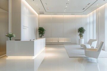 Minimalist reception area with clean signage and seating.