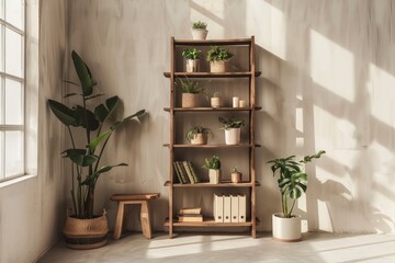 Minimalist workspace with a geometric bookshelf and potted plants.