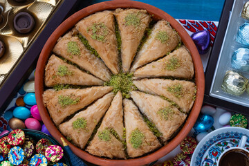 Traditional Turkish Sherbet Desserts (Baklava, Tulumba, Havuç Dilim)and Turkish Tea  Photo,...