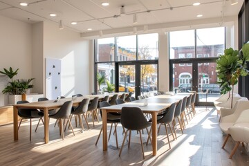 Fototapeta premium Minimalist coworking space with communal workstations.