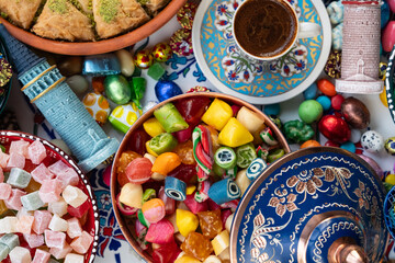 Turkish Coffee in the Colorful Ramadan Eid Candy and Chocolate, Traditional Ottoman Cuisine...