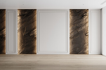 Contemporary white empty interior with black rock stone wall and moldings. 3d render illustration mockup.