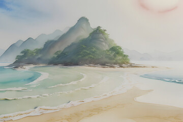 Watercolor paintings of beautiful beaches and islands.