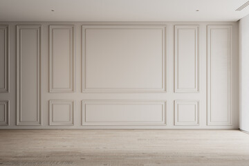Contemporary beige white bright interior with wall panels, moldings. 3d render illustration mockup.