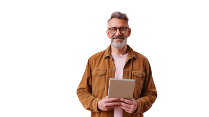 png picture of mature man looking at camera and holding a tablet, isolated on transparent background