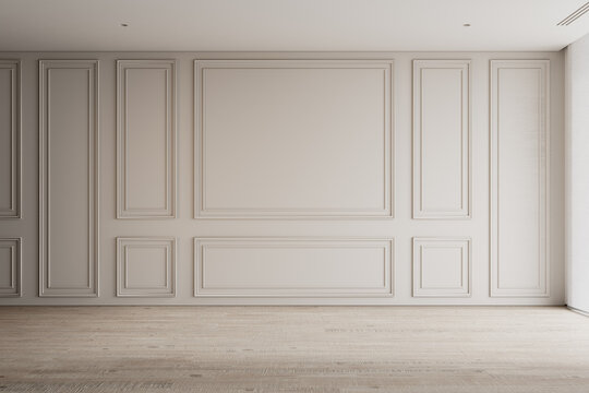 Contemporary beige white bright interior with wall panels, moldings. 3d render illustration mockup.
