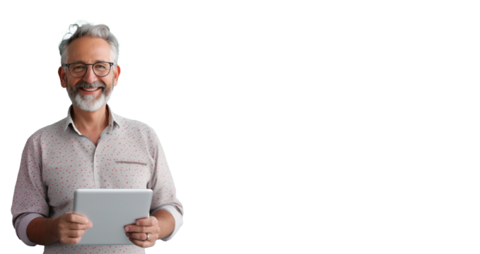 png picture of mature man looking at camera and holding a tablet, isolated on transparent background