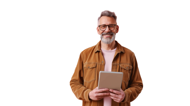 png picture of mature man looking at camera and holding a tablet, isolated on transparent background