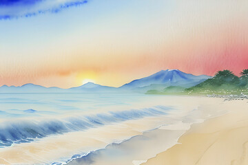 Watercolor paintings of beautiful beaches and islands. - obrazy, fototapety, plakaty