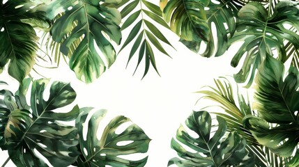 White frame on a background of tropical green leaves with space for text, invitation or banner.
