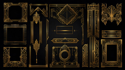 Art deco golden frames set. Line gold decorative borders isolated on black background.generative.ai