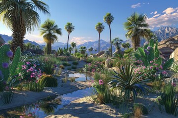 Fototapeta na wymiar Desert Scene With Palm Trees and Flowers