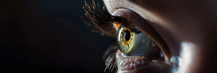 close up view of human eye looking away in darkness, panoramic shot - obrazy, fototapety, plakaty