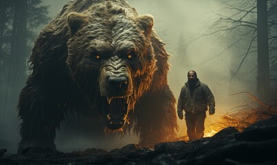 Man Standing Next to Large Bear in Forest