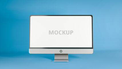 Computer screen isolated on blue background. 3D rendering. Mock up