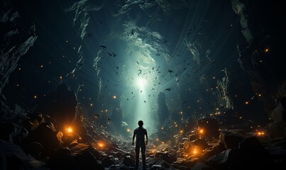 Man Standing in Center of Cave - obrazy, fototapety, plakaty
