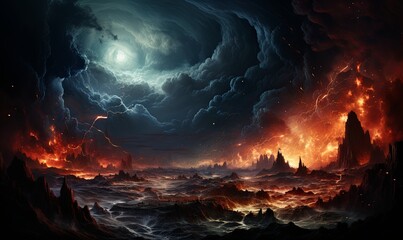 Large Body of Water Surrounded by Fire - obrazy, fototapety, plakaty