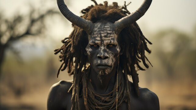 Close-up of Warrior, a man from the African Mursi tribe with traditional horns, Dreadlocks and a face painted with white patterns looks at the camera in Nature Ethiopia. Horizontal photo.